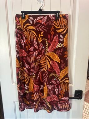 Ella Burgundy Midi Skirt with Mustard and Pink Leaf Print
